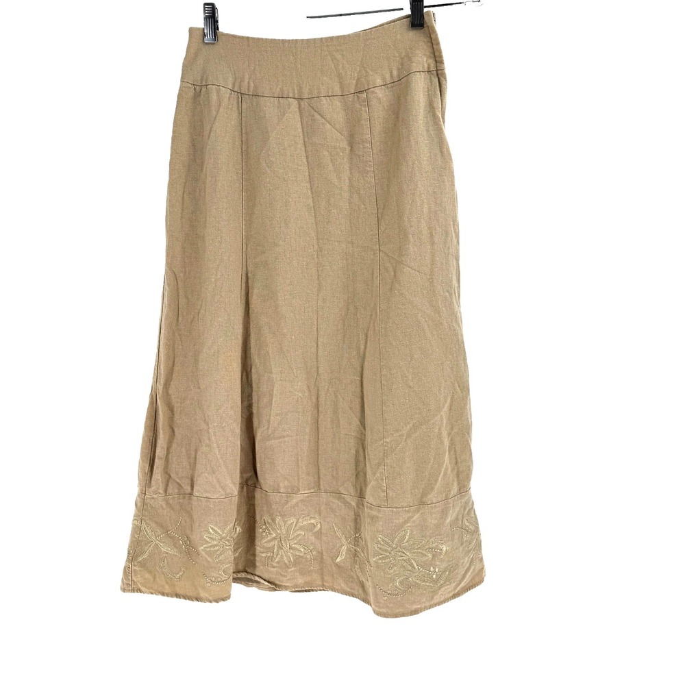 Tribal Linen Blend Floral Embroidered A-Line Skirt Women's 2 Tan Side Zip Office
